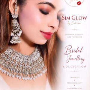 Elegant bridal jewellery set featuring a silver choker necklace and matching earrings with pearl detailing by SIM Glow by Simran.