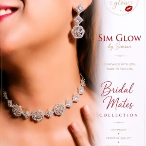 MODEL WEARING SIM GLOW PREMIUM AMERICAN DIAMOND BRIDAL NECKLACE AND MATCHING EARRINGS FROM THE BRIDAL MATES COLLECTION.