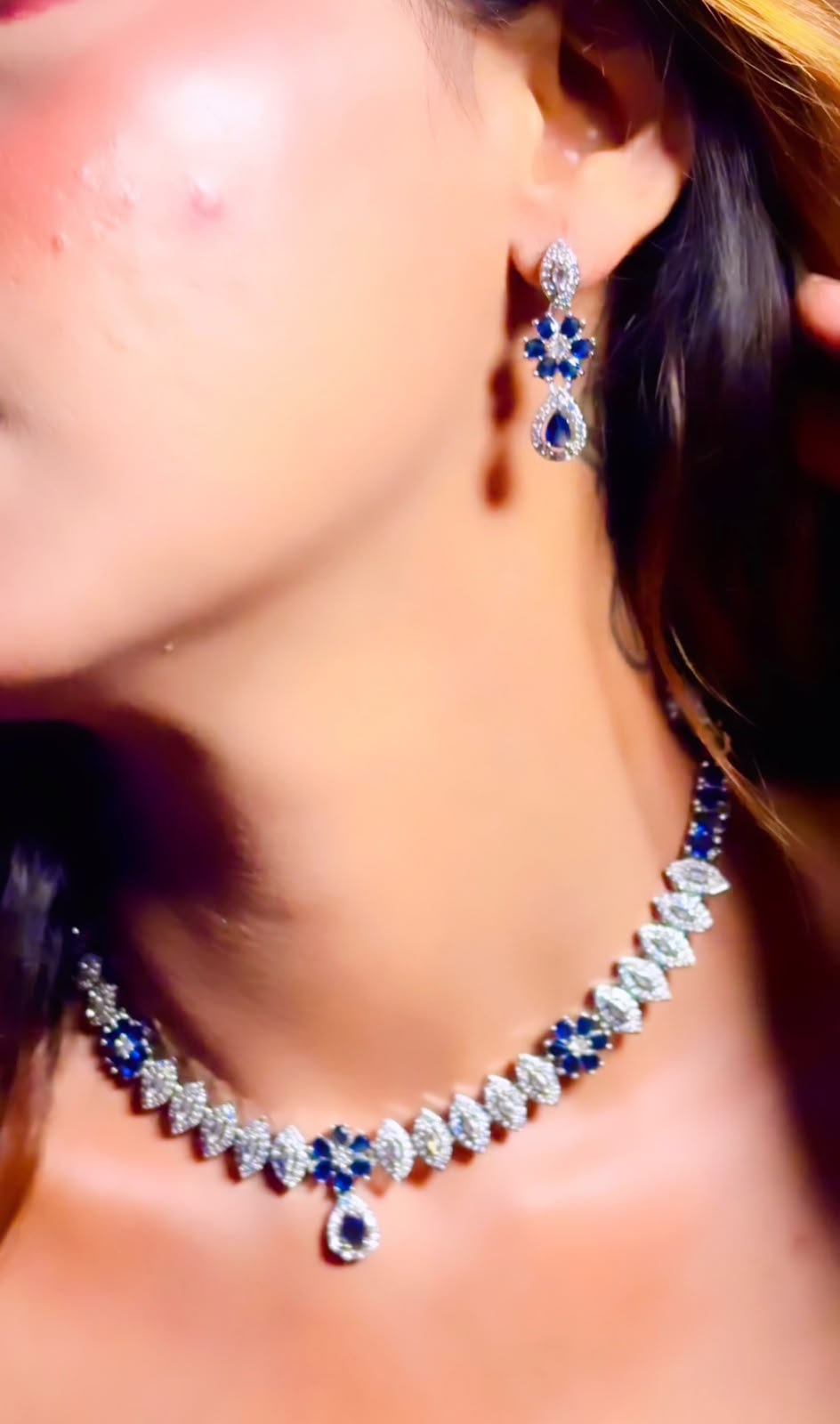 SIM Glow Sapphire Blue American Diamond Necklace and Earrings Set for Women