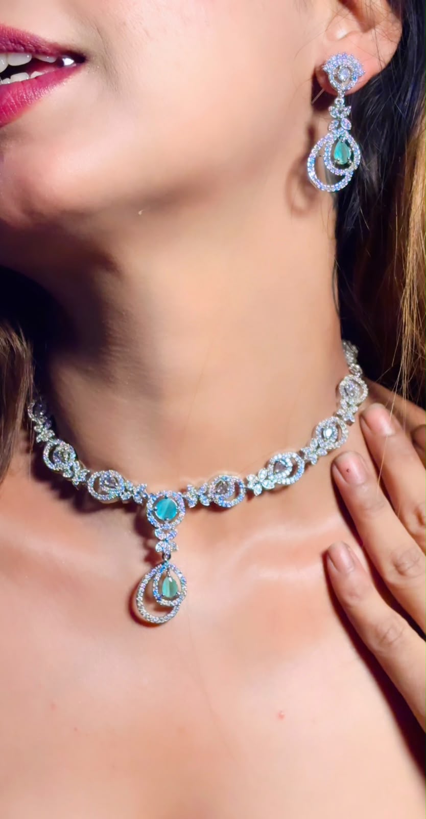SIM Glow Aqua Blue American Diamond Necklace and Earrings Set for Women