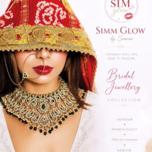 SIMM GLOW by Simran bridal jewellery collection featuring a model wearing a heavy handmade Kundan choker necklace with green emerald drops and a traditional gold bridal nath nose ring."