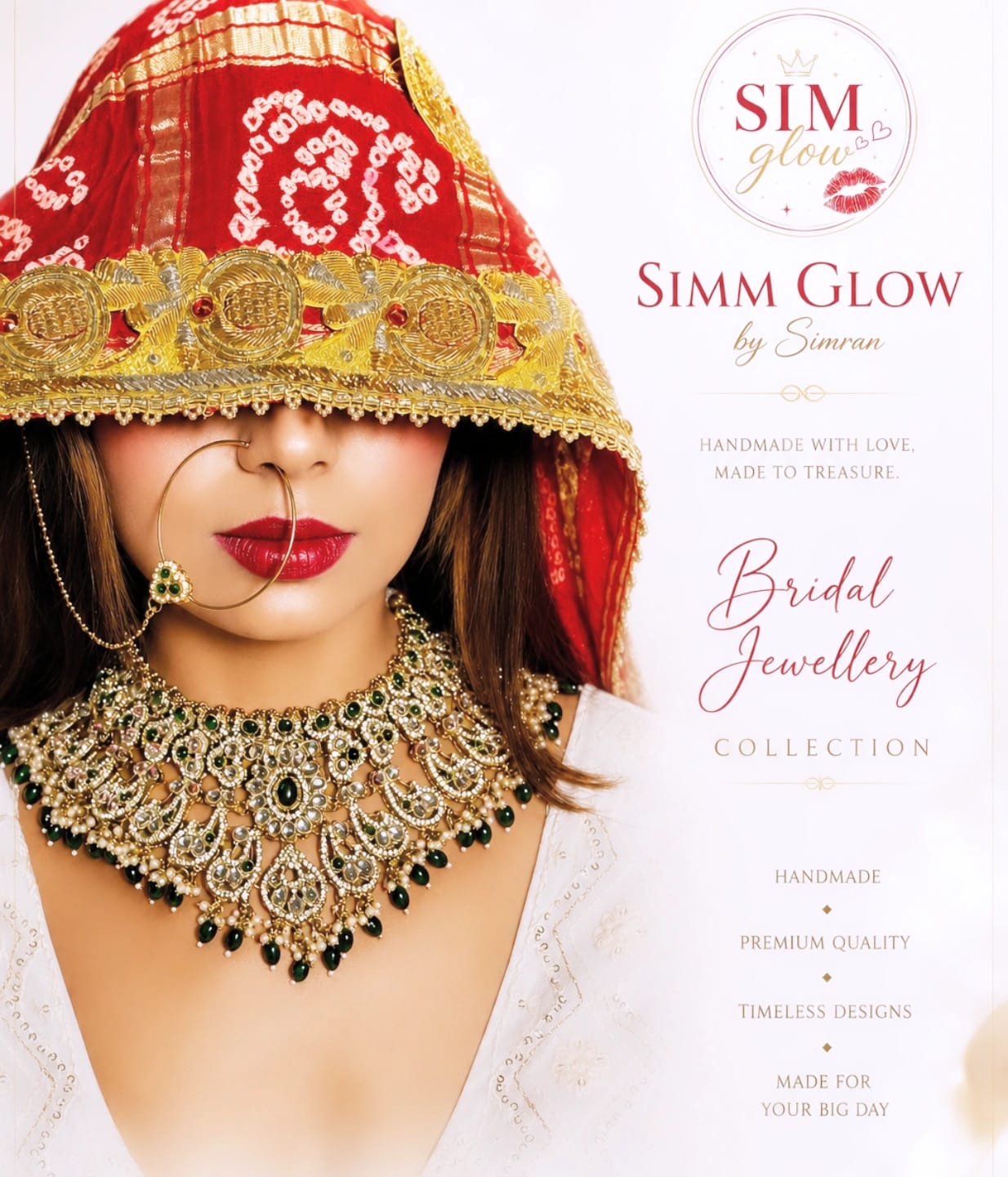 SIMM GLOW by Simran bridal jewellery collection featuring a model wearing a heavy handmade Kundan choker necklace with green emerald drops and a traditional gold bridal nath nose ring."