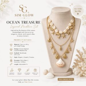 SIM Glow Ocean Treasure Layered Necklace Set with Cowrie Shells and Golden Charms
