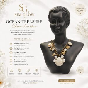 Ocean Treasure Charm Necklace by Sim Glow featuring a gold-plated chunky chain adorned with natural seashells, cowrie shell, starfish, heart charm, pearls, and a large scallop shell pendant, displayed on a black mannequin bust.