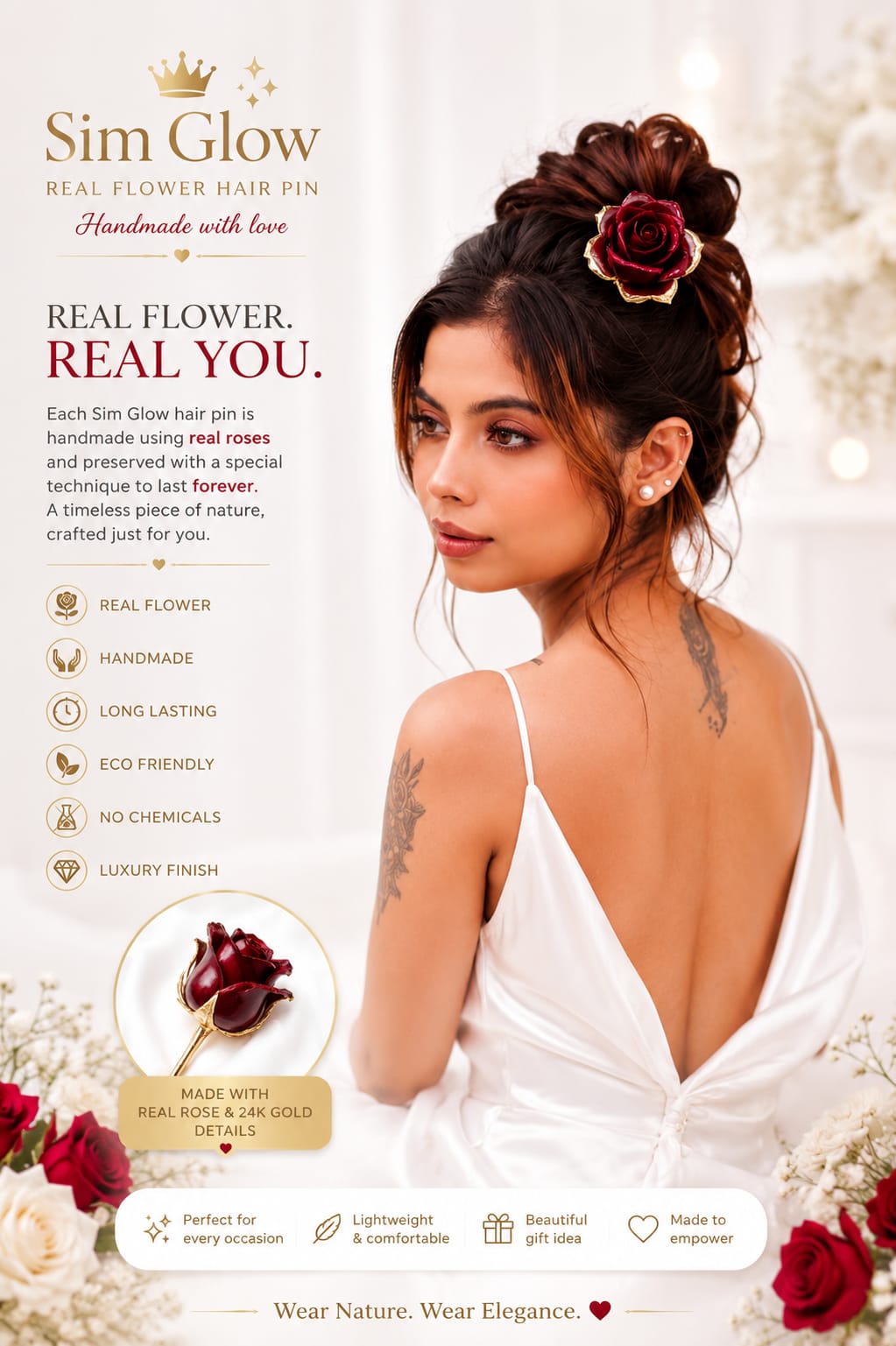 SIM Glow Handmade Real Rose Hair Pin | Resin Preserved Floral Hair Accessory - Image 3