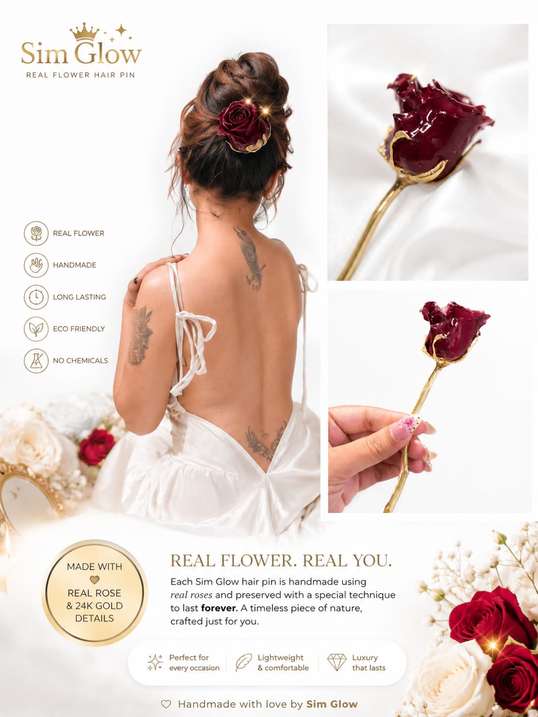SIM Glow Handmade Real Rose Hair Pin for Women Wedding and Party Hairstyles