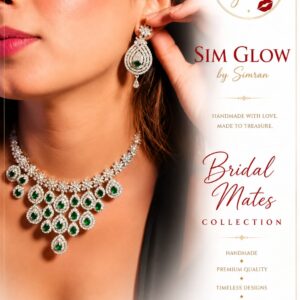 MODEL WEARING SIM GLOW EMERALD GREEN BRIDAL NECKLACE AND MATCHING EARRINGS FROM THE BRIDAL MATES COLLECTION.