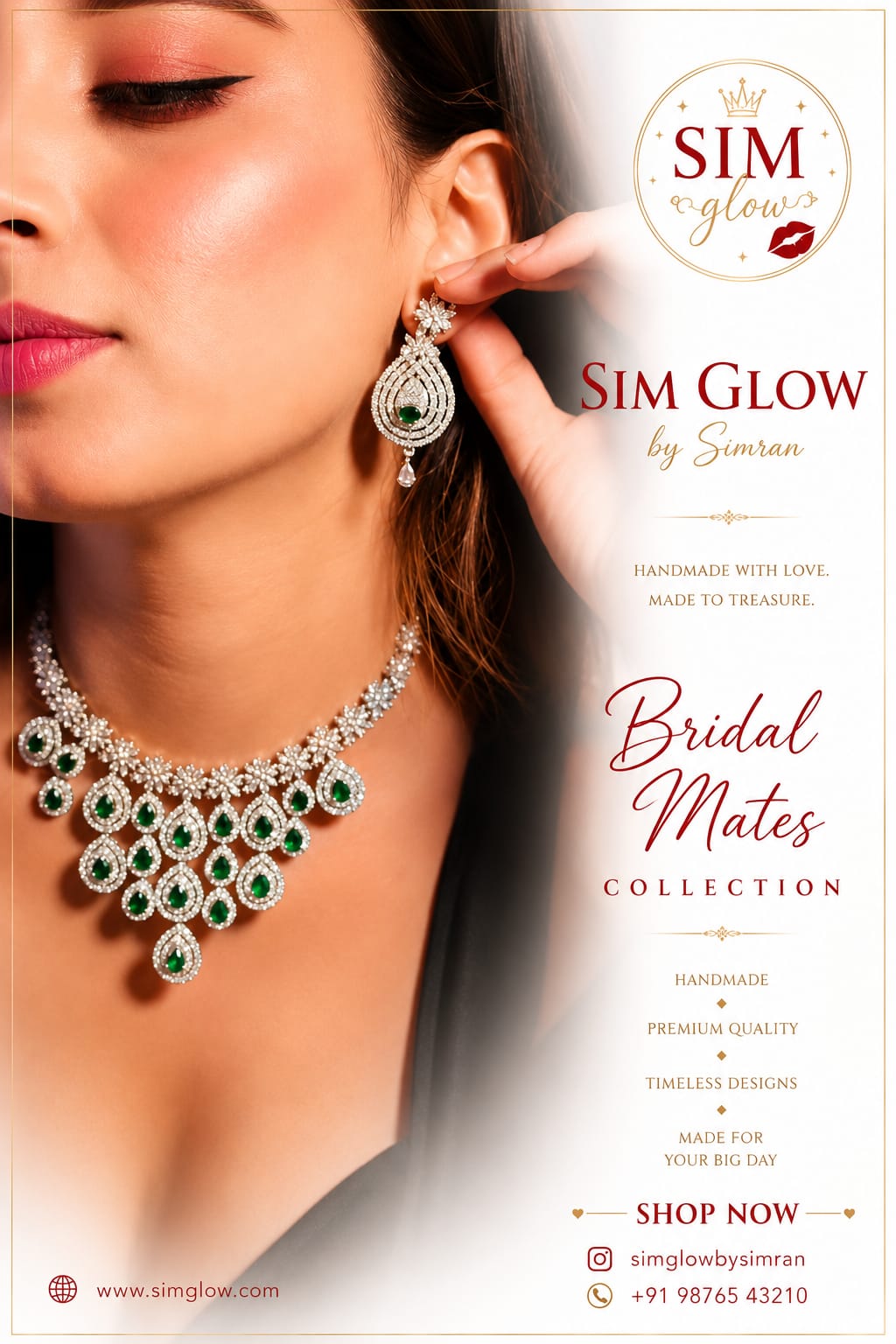 MODEL WEARING SIM GLOW EMERALD GREEN BRIDAL NECKLACE AND MATCHING EARRINGS FROM THE BRIDAL MATES COLLECTION.