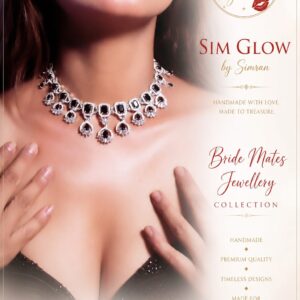 MODEL WEARING SIM GLOW BLACK CRYSTAL BRIDAL NECKLACE AND MATCHING EARRINGS FROM THE BRIDE MATES JEWELLERY COLLECTION.