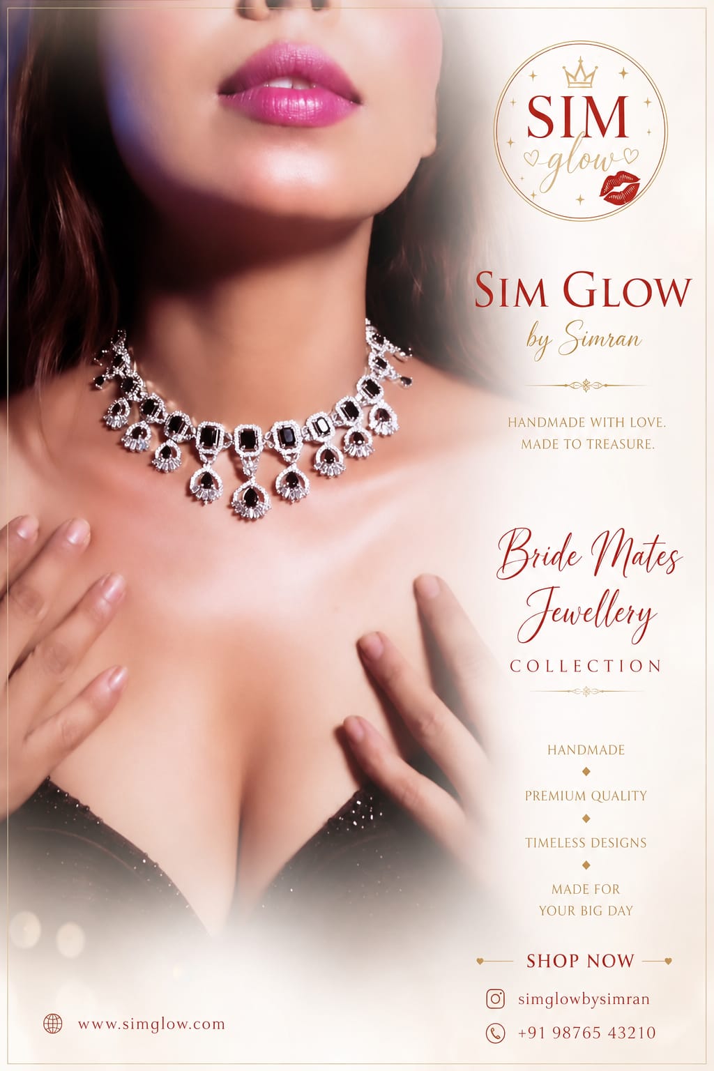 MODEL WEARING SIM GLOW BLACK CRYSTAL BRIDAL NECKLACE AND MATCHING EARRINGS FROM THE BRIDE MATES JEWELLERY COLLECTION.