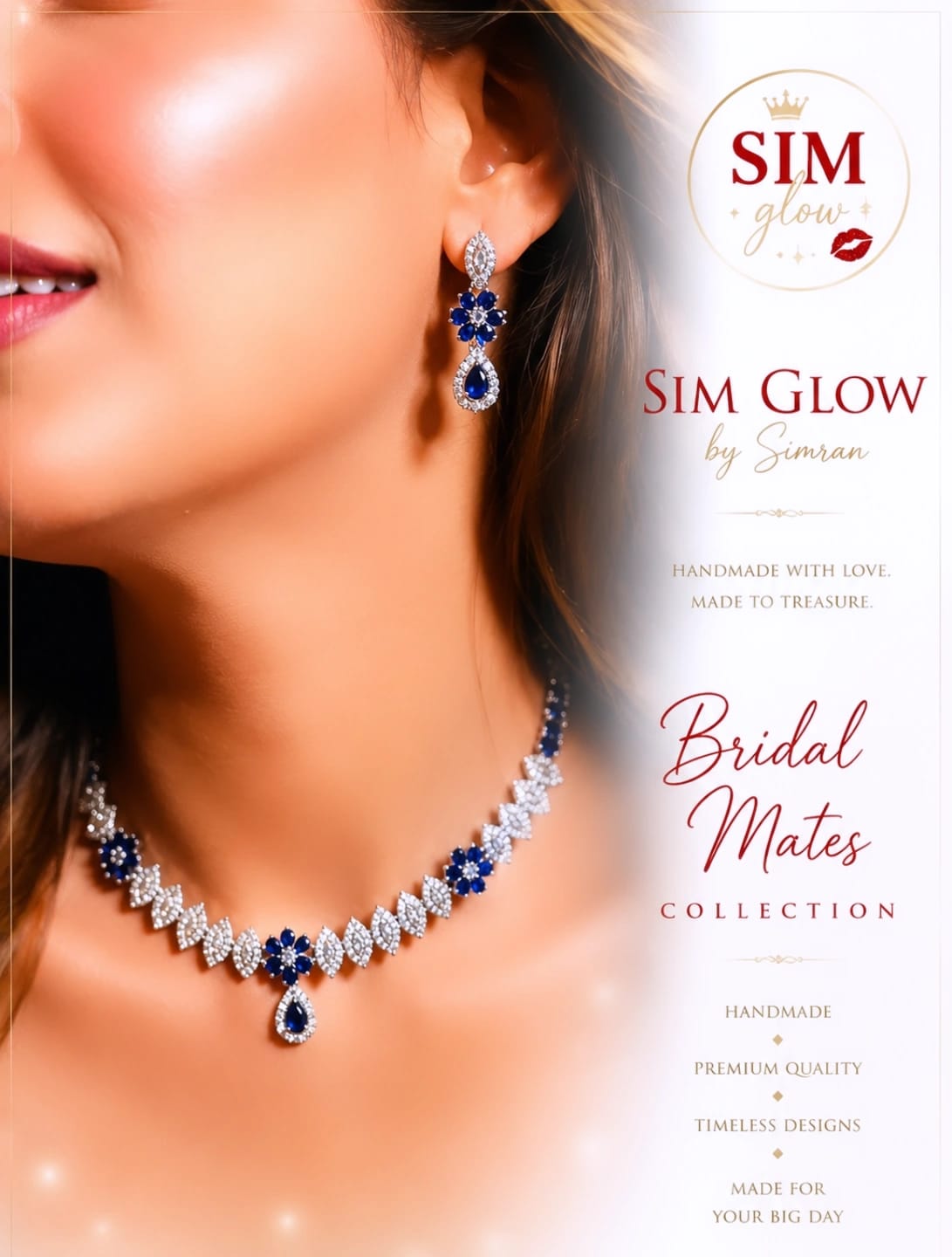 A close-up of a model wearing an elegant blue gemstone bridal necklace and matching earrings. The image features SIM Glow by Simran branding and promotes the handmade Bridal Mates Collection for weddings.